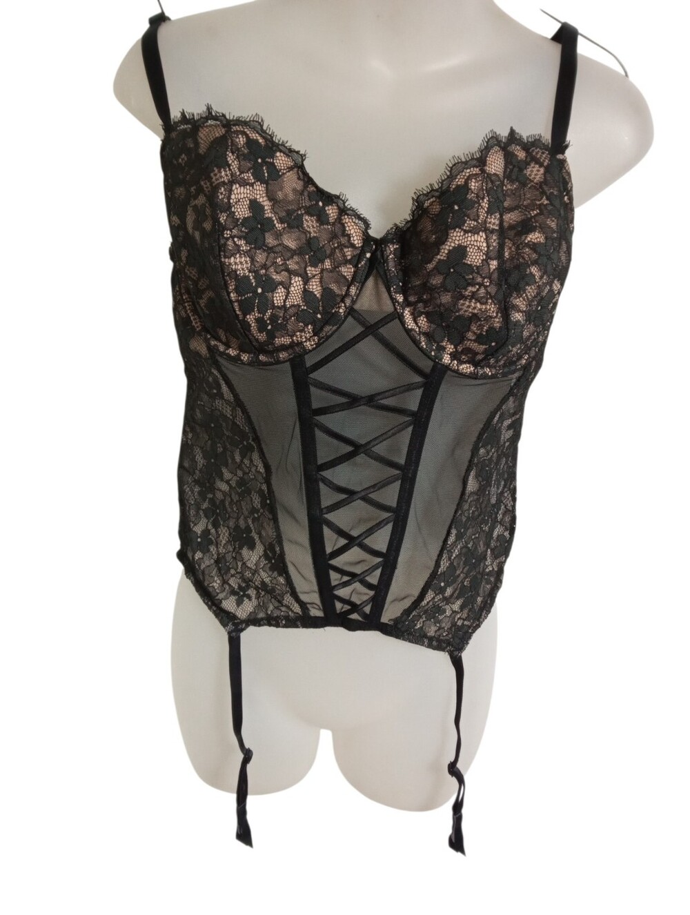 Victoria’s Secret Black Nude Sheer Lace-Up Corset Bustier Garter Lingerie Sz XL